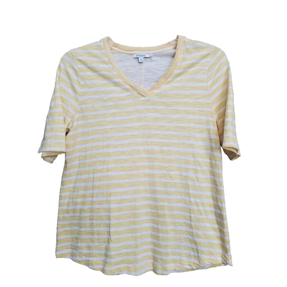 Chico's Slub Knit Yellow Striped V-Neck Short Sleeve T-Shirt Size 2 Large